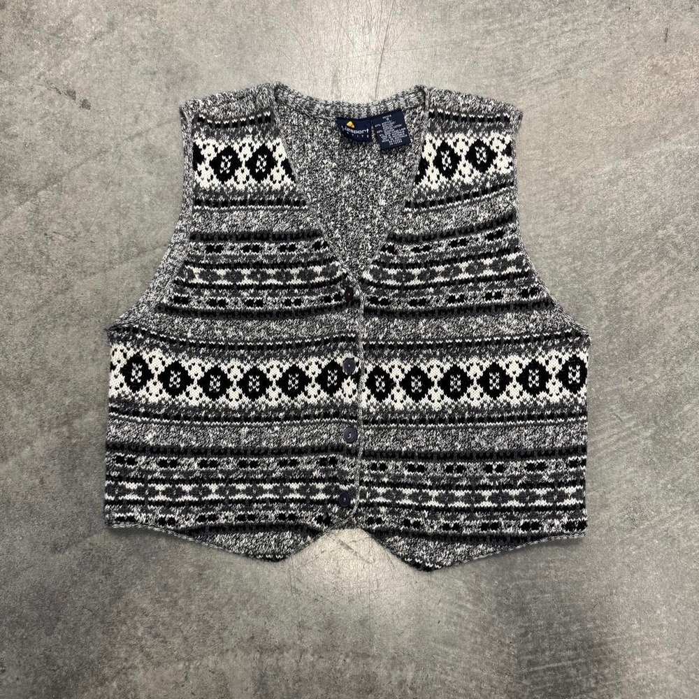 Vintage Lizsport Petite Sweater Vest Women's PS Fair Isle Knit Button Front 90s